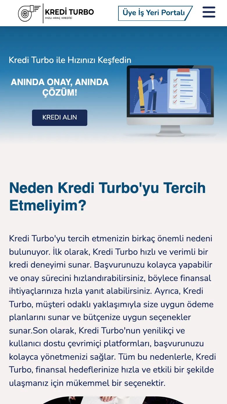 Kredi Turbo sitesinin mobil görünümü
